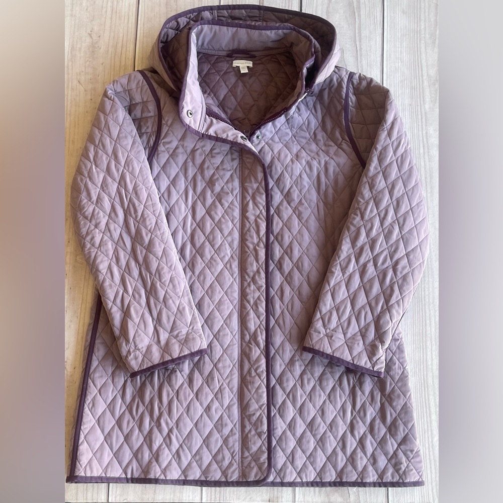 Garnet Hill Quilted Hooded Coat in Lavender with Dark Trim